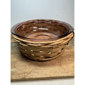 Vintage 2 Pc Purple Pyrex Casserole Dish with Wicker Basket Leather Handles 024